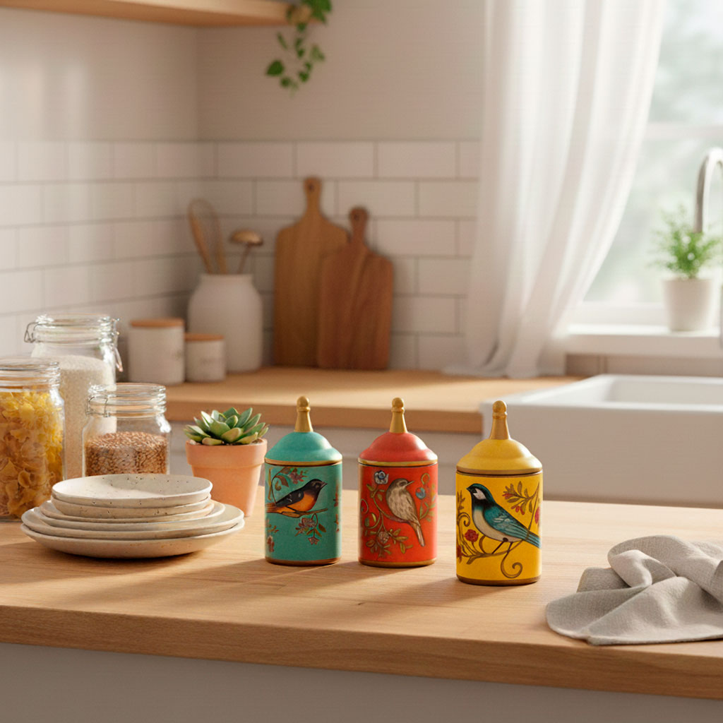 Pote De Cerámica Decorativo Con Tapa Y Estampado De Pájaros