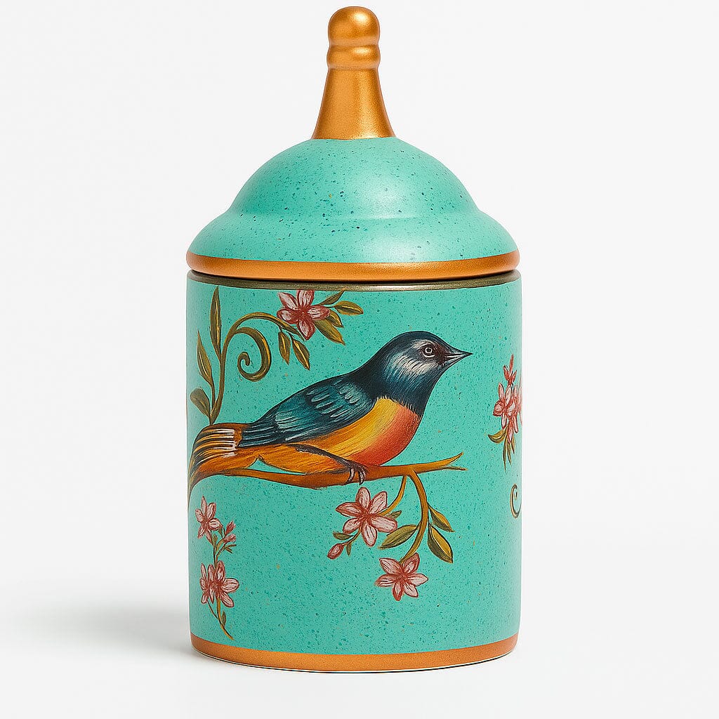 Pote De Cerámica Decorativo Con Tapa Y Estampado De Pájaros