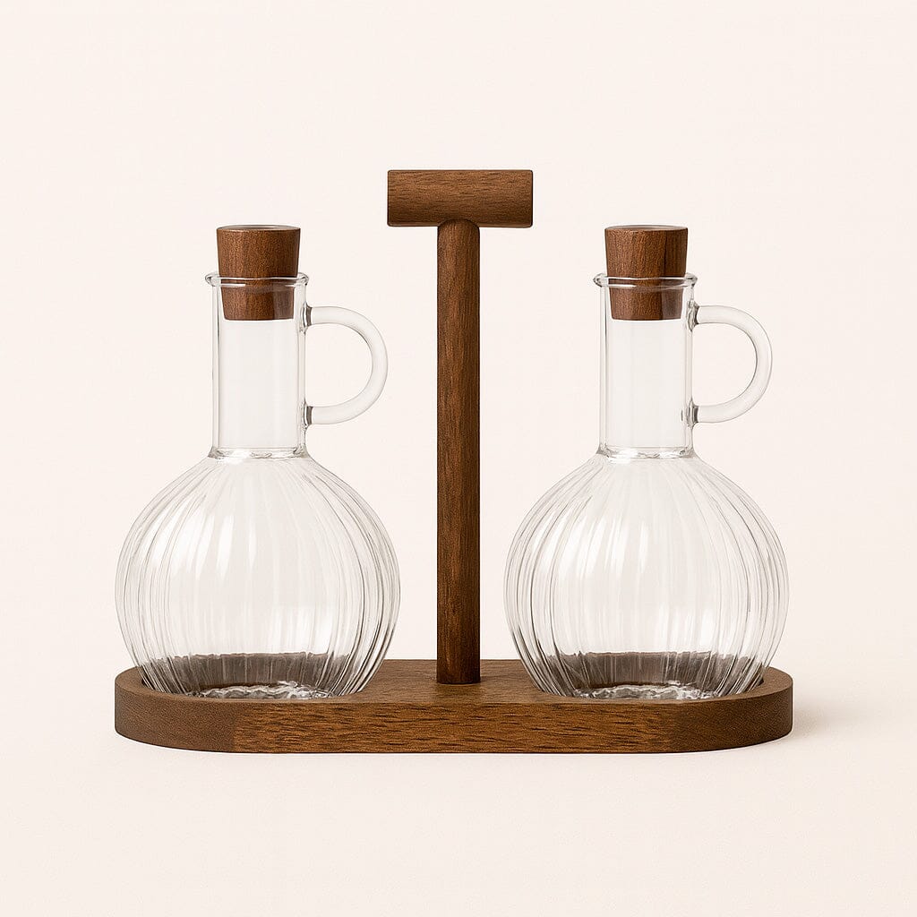 Set de Botellas de Vidrio para Aceite y Vinagre con Soporte de Madera