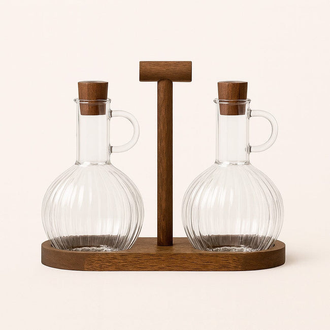 Set de Botellas de Vidrio para Aceite y Vinagre con Soporte de Madera Hover Image