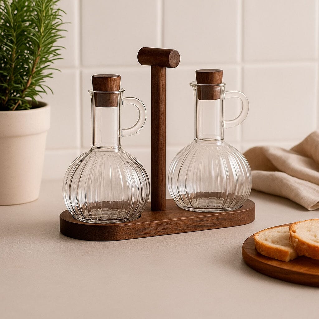 Set de Botellas de Vidrio para Aceite y Vinagre con Soporte de Madera