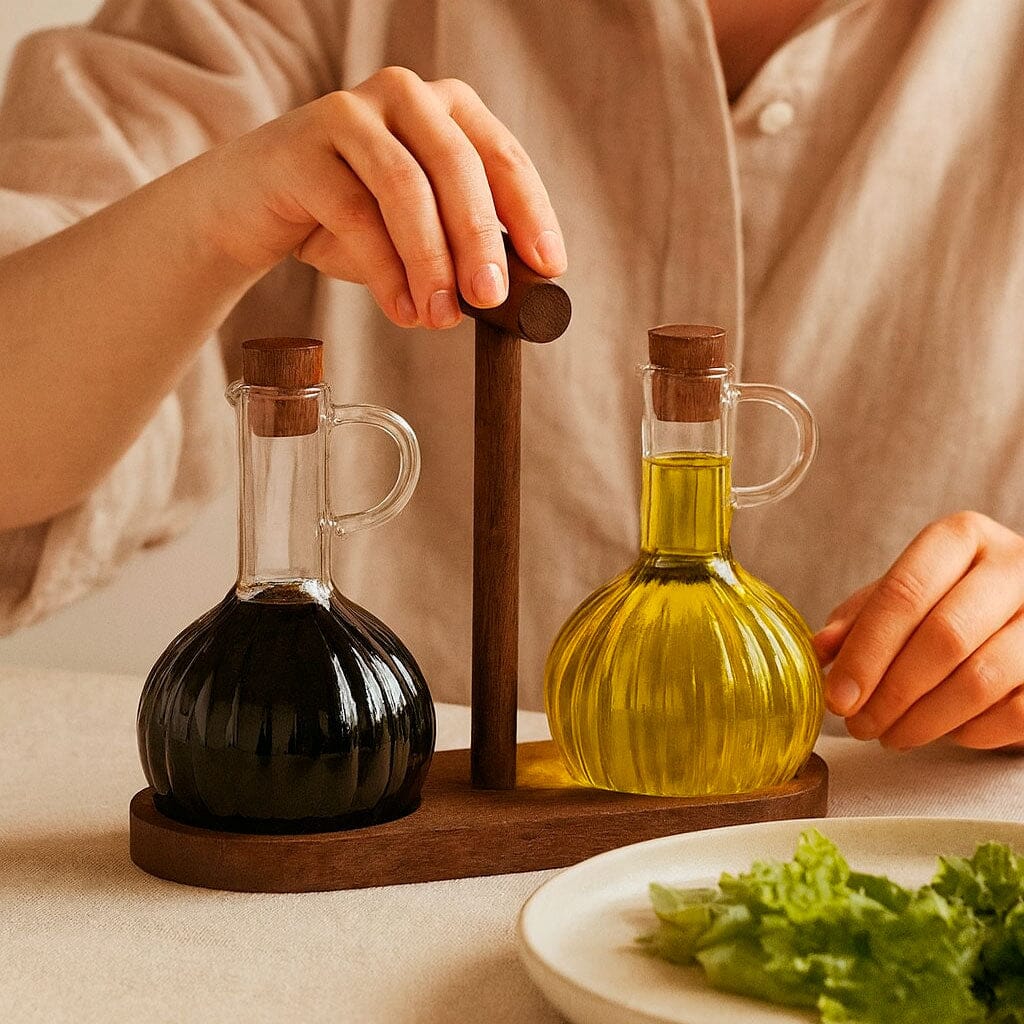 Set de Botellas de Vidrio para Aceite y Vinagre con Soporte de Madera