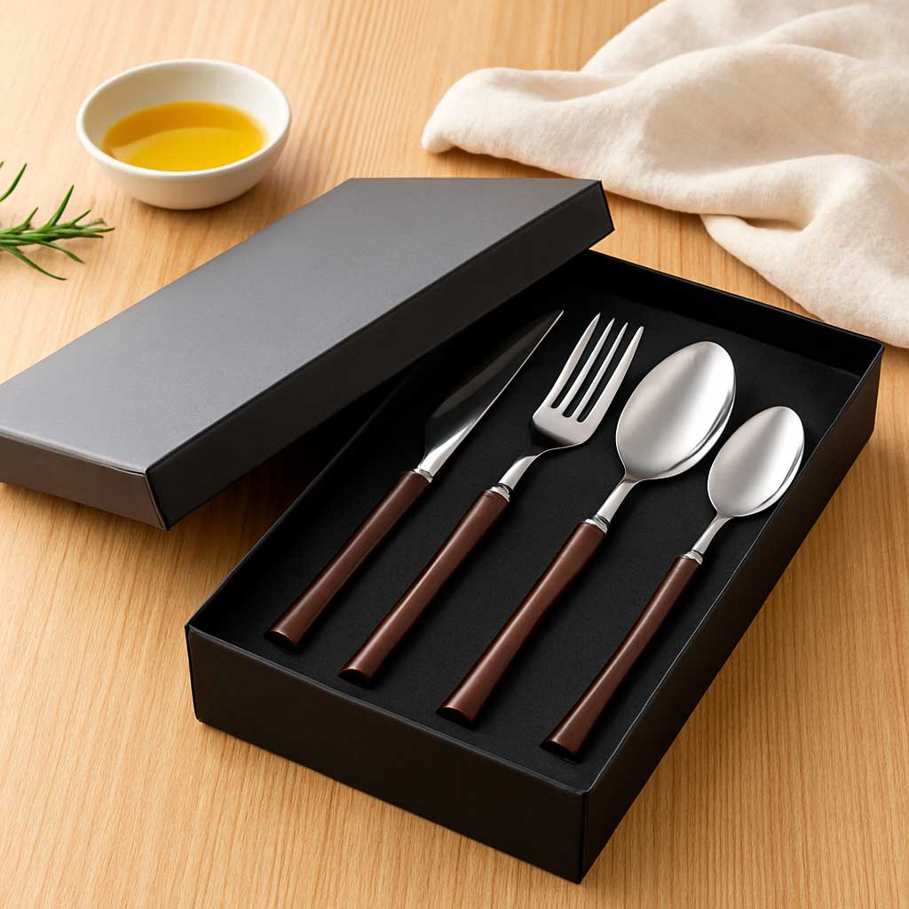 Set de Cubiertos en Acero Inoxidable con Mango de Madera (4 Piezas)