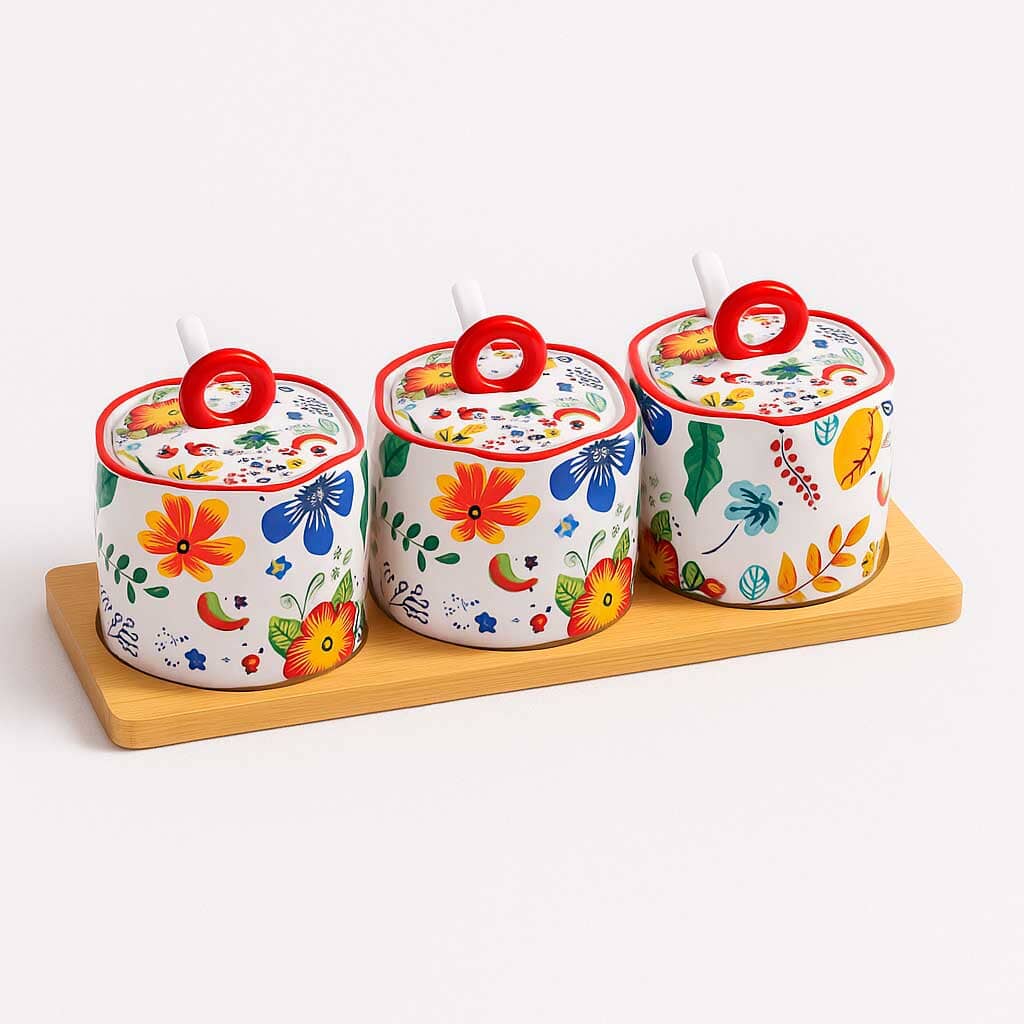 Set de Especieros de Cerámica Estampada con Base de Madera