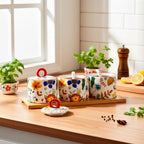 Set de Especieros de Cerámica Estampada con Base de Madera