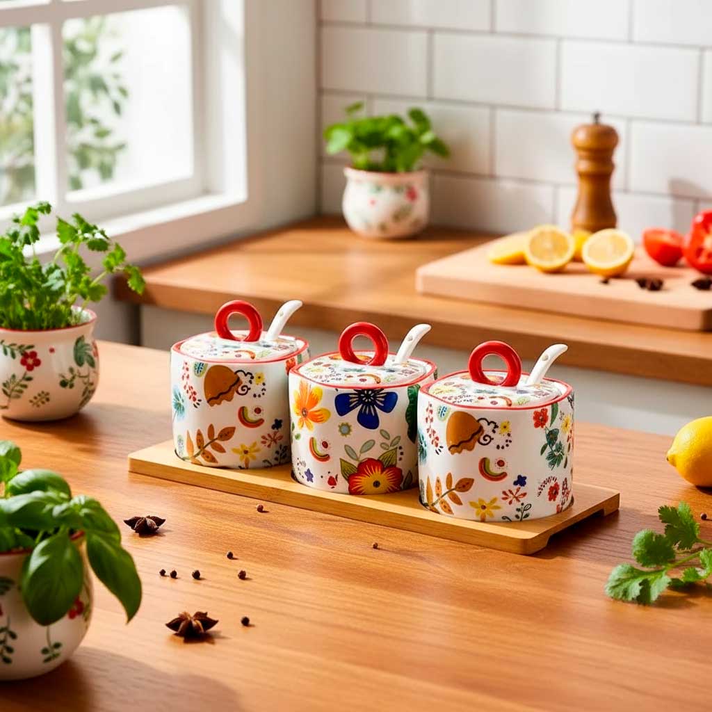 Set de Especieros de Cerámica Estampada con Base de Madera
