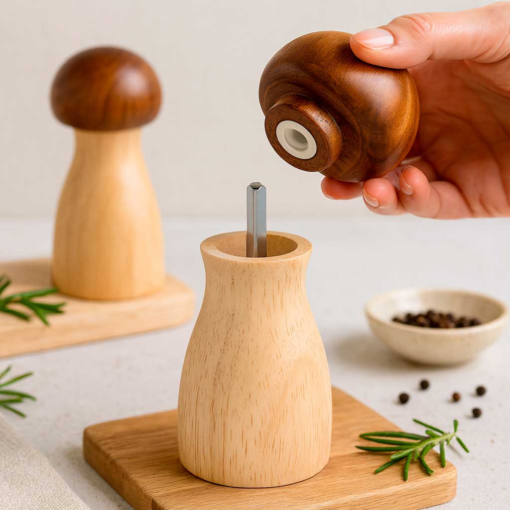 Set de Molinillos de Sal y Pimienta de Madera (Diseño Hongo y Base)