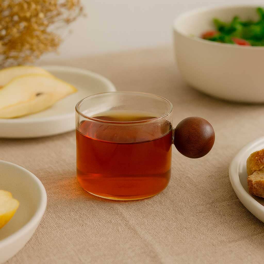 Set de Tazas de Vidrio de Borosilicato con Asa de Madera (4 Piezas)