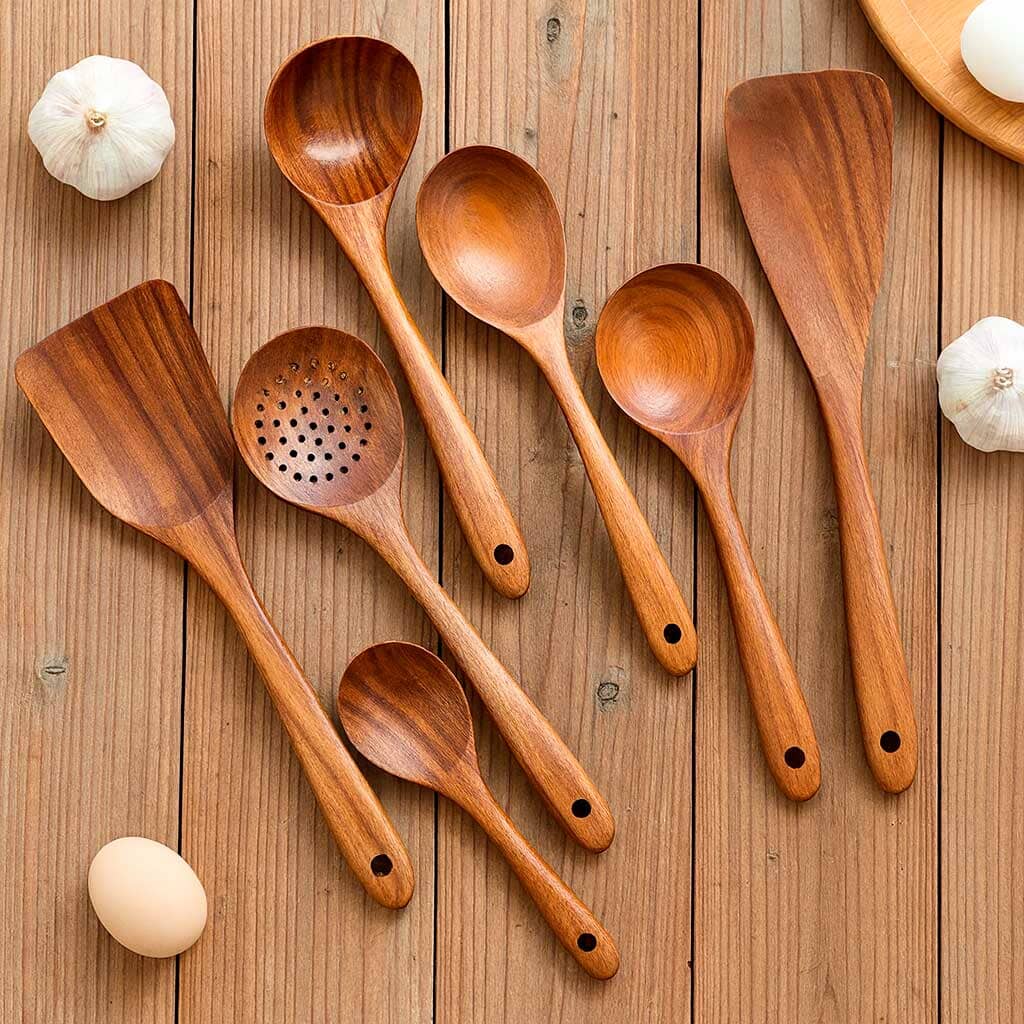 Set de Utensilios de Cocina en Madera con Soporte (7 Piezas)
