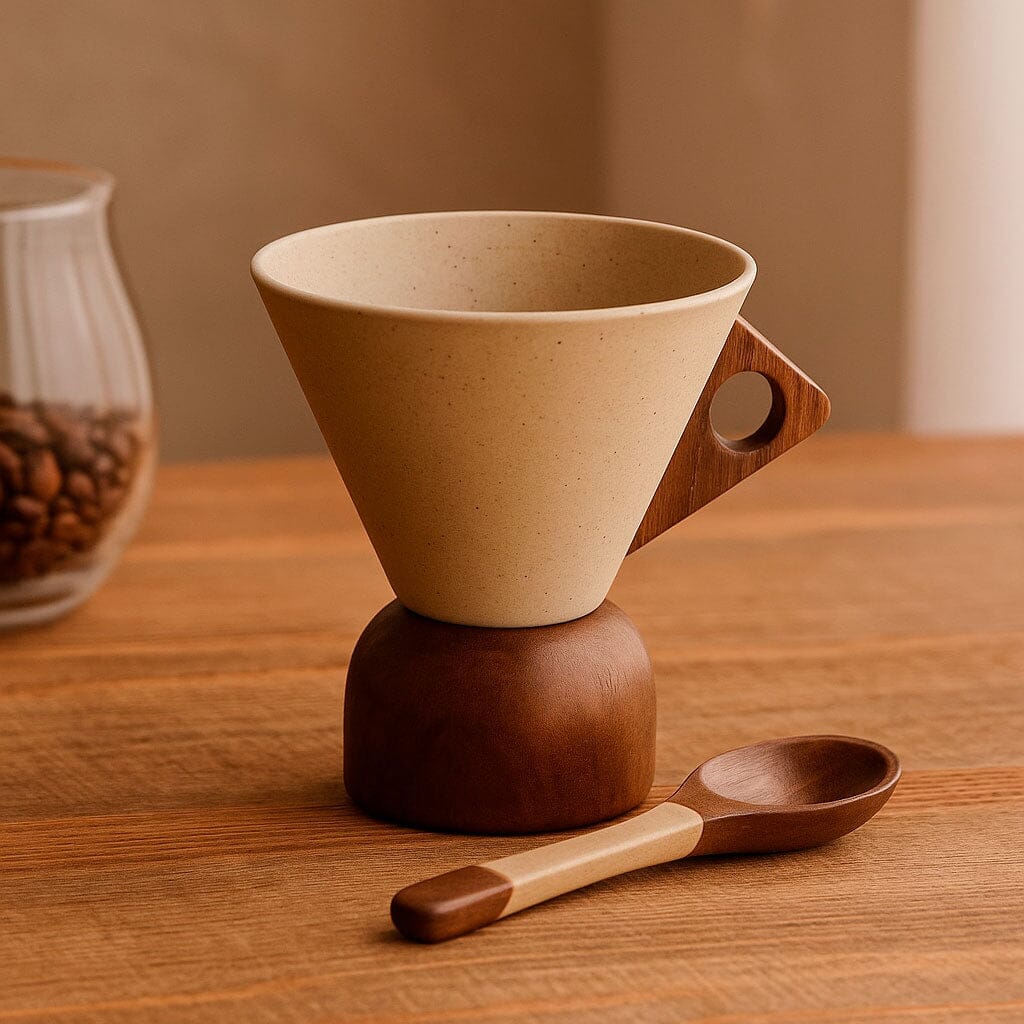 Taza de Cerámica con Asa y Base de Madera 250 ml