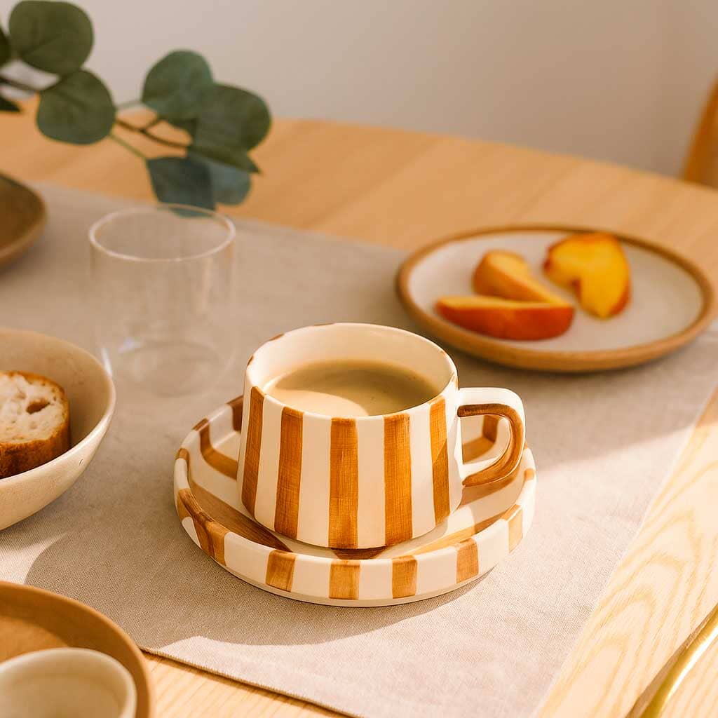 Taza de Cerámica Rayada con Platillo 260ml