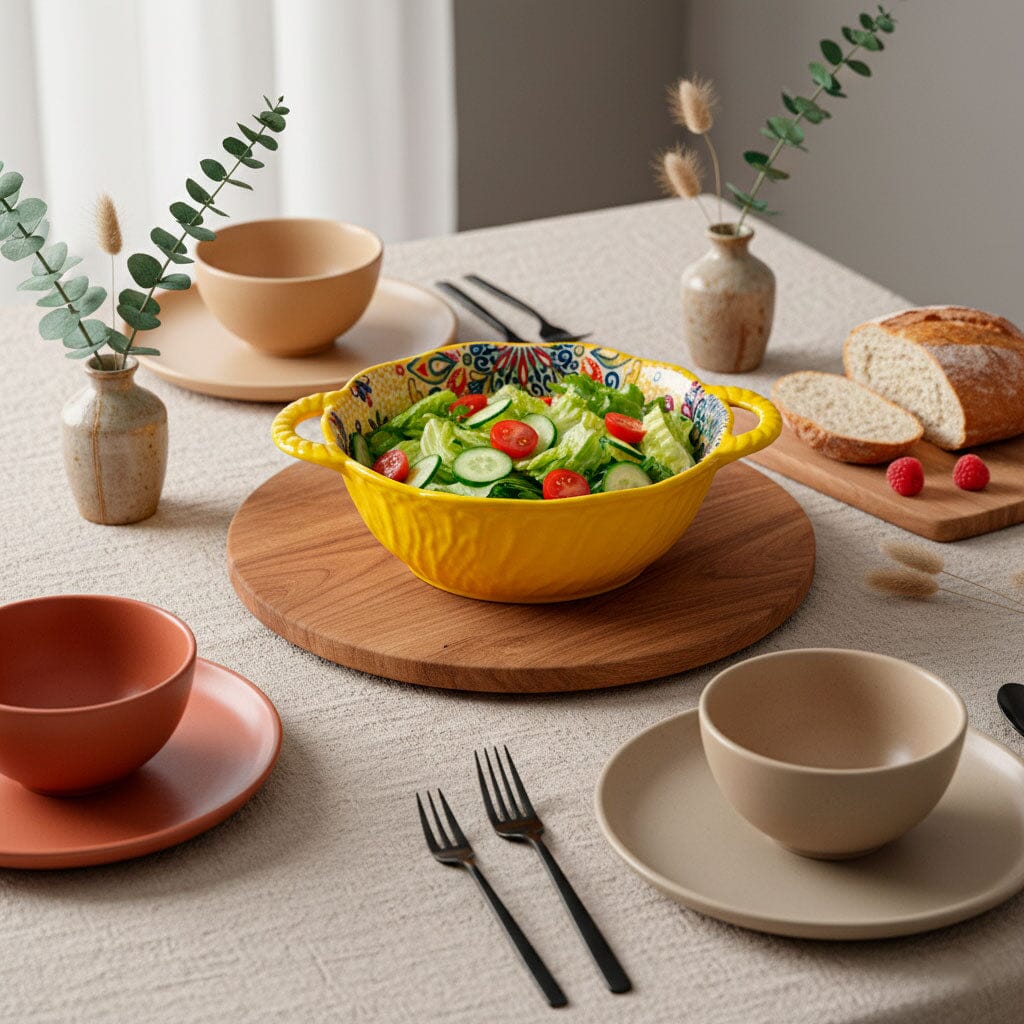 Tazón de Cerámica Colorida con Asas y Diseño Artesanal