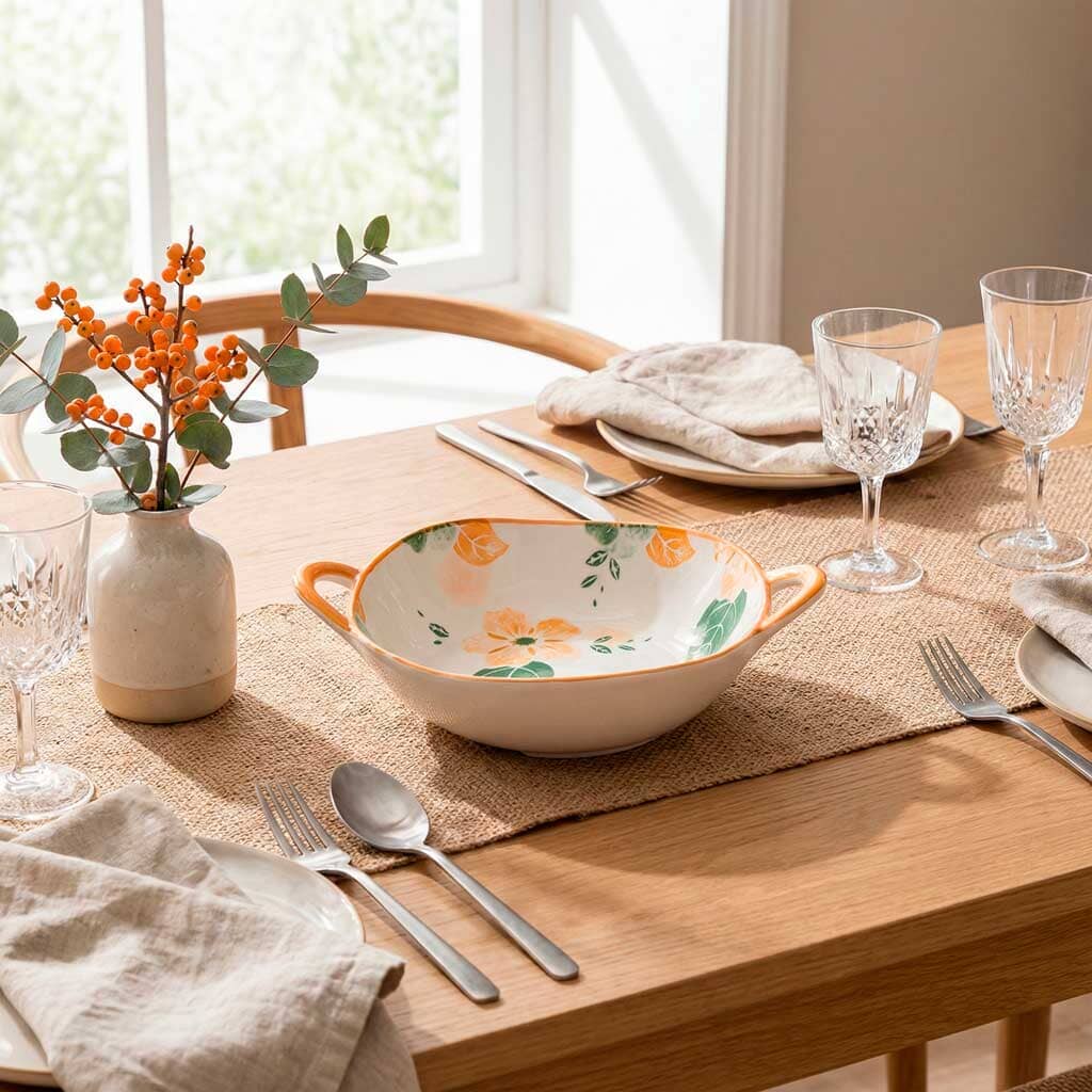 Tazón de Cerámica con Asas y Diseño Floral